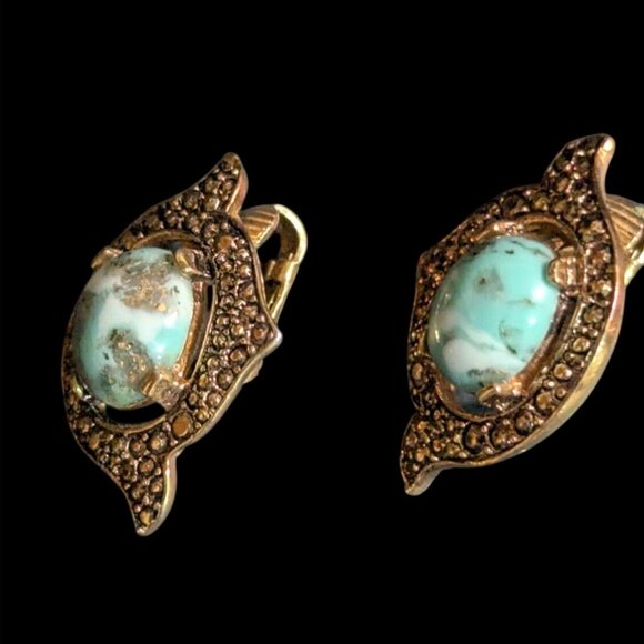 Sarah Coventry Vintage Clip-On Earrings Turquoise Faux Stone & Rhinestones Gold- - Picture 1 of 8